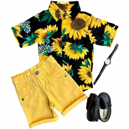 Conjunto Camisa Floral com Bermuda Amarela Infantil