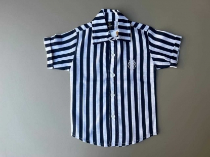 Camisa Listrada Curta Azul Marinho e Branco Infantil