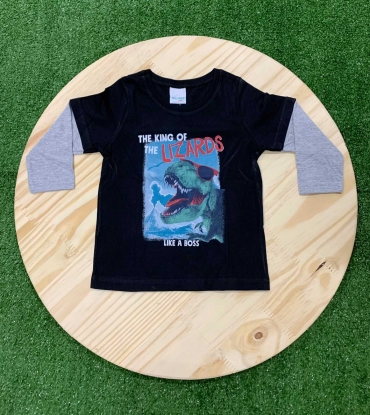 Camisa Manga Longa Preta Dinossauro Infantil