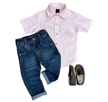 Camisa Rosa Curta com Calça Jeans Infantil