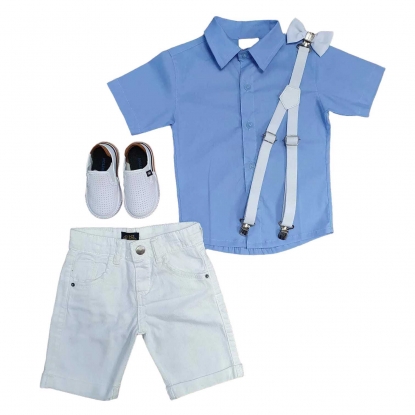 Camisa Social Azul com Bermuda Branca Jeans Infantil