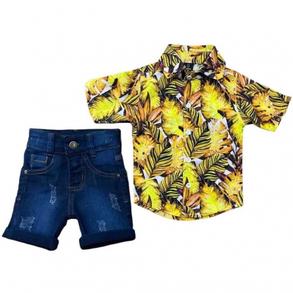 Camisa Social Floral Amarela com Bermuda Infantil