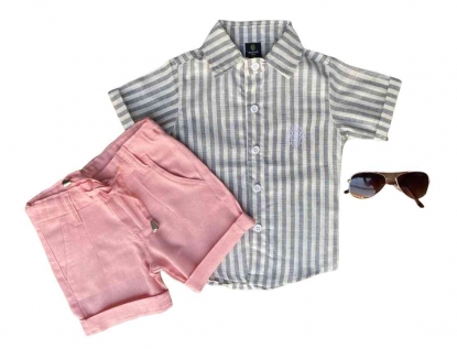 Camisa Social Listrada com Bermuda Rosa Infantil