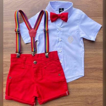 Camisa Social Manga Curta com Bermuda Vermelha Infantil
