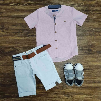 Camisa Social Rosa com Bermuda Branca Infantil