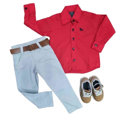 Camisa Social Vermelha com Calça Cinza Infantil