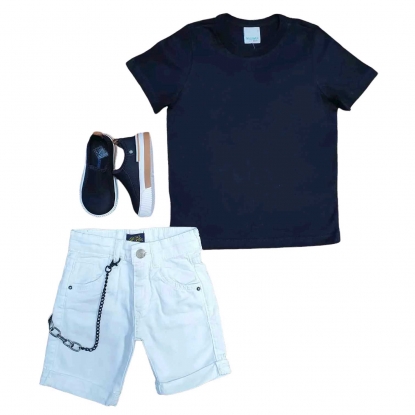 Camiseta Básica Preta com Bermuda Branca Infantil