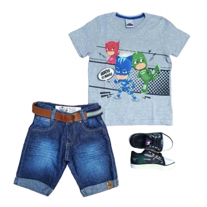 Camiseta Cinza PJ Masks com Bermuda Jeans Infantil