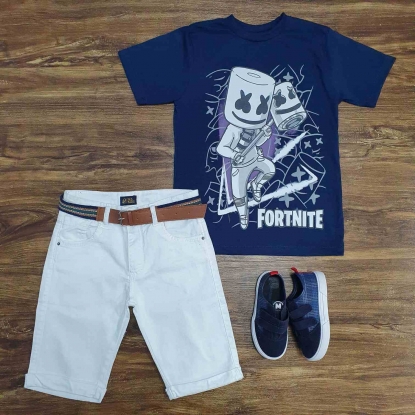 Camiseta Fortnite com Bermuda Branca Infantil
