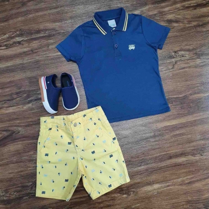 Conjunto Bermuda Amarela com Camisa Polo Azul Infantil