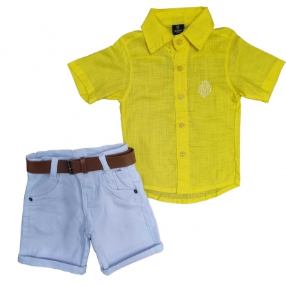 Conjunto Bermuda com Cinto e Camisa Linho Amarela Infantil