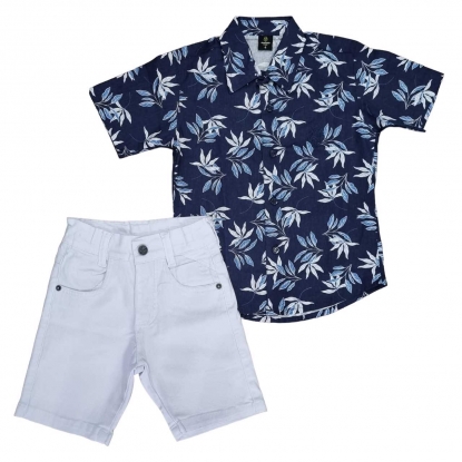 Conjunto Bermuda Infantil Branca com Camisa Floral Azul