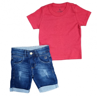 Conjunto Bermuda Infantil Jeans Com Camiseta Básica Vermelha