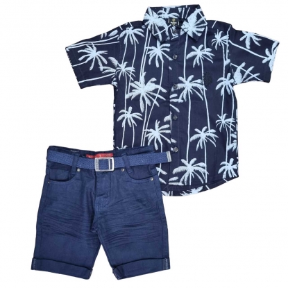 Conjunto Bermuda Infantil Marinho com Camisa Floral Preta