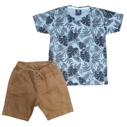 Conjunto Bermuda Marrom Com Cordão e Camiseta Floral Infantil