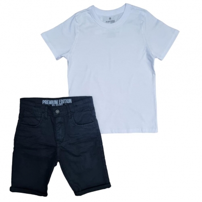 Conjunto Bermuda Preta Infantil Com Camiseta Básica Branca Manga Curta