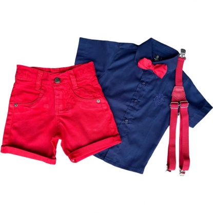 Conjunto Social Camisa Marinho com Bermuda Vermelha Menino Infantil