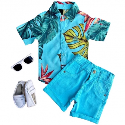 Conjunto Camisa Floral Azul com Bermuda Infantil