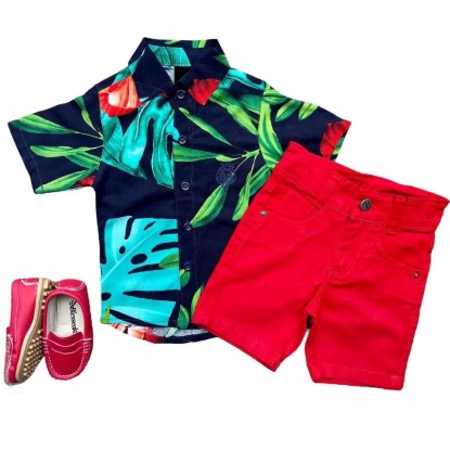 Conjunto Camisa Floral com Bermuda Vermelha Infantil