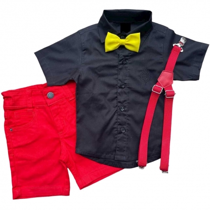 Conjunto Camisa Preta Infantil e  Bermuda Vermelha com Kit