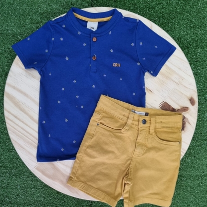 Conjunto Camiseta Bata Azul com Bermuda Caramelo Infantil