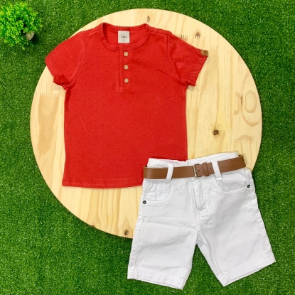 Conjunto Camiseta Bata Vermelha com Bermuda Branca Infantil