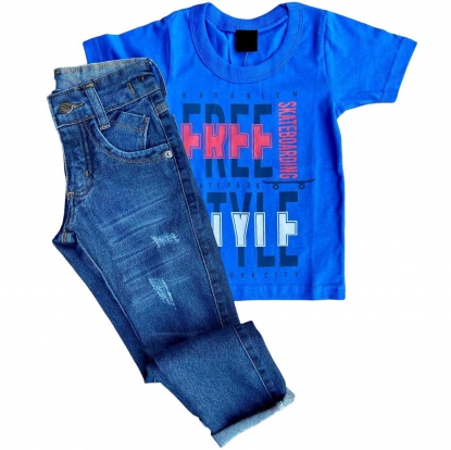 Conjunto Camiseta Infantil Style Azul com Calça Jeans