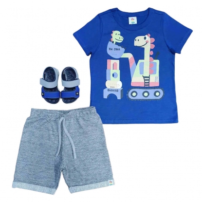 Conjunto Dino Construção com Camiseta Azul Infantil