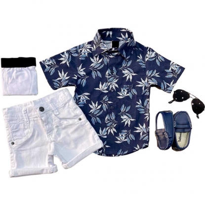 Conjunto Floral Azul Infantil Camisa com Bermuda