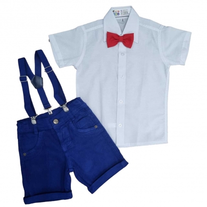 Conjunto Infantil Bermuda Azul com Suspensório e Camisa com Gravata Vermelha