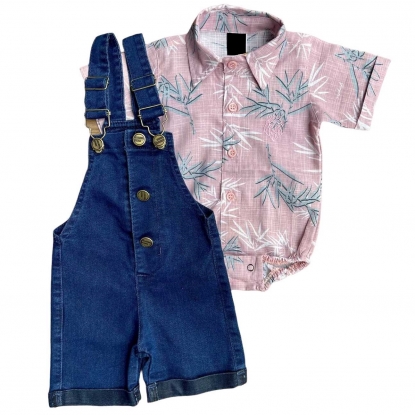 Conjunto Infantil Body Floral com Jardineira Jeans