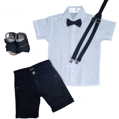 Conjunto Infantil Camisa Branca com Bermuda Preta mais Kit