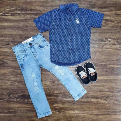 Conjunto Infantil Camisa Curta Azul com Calça Jeans