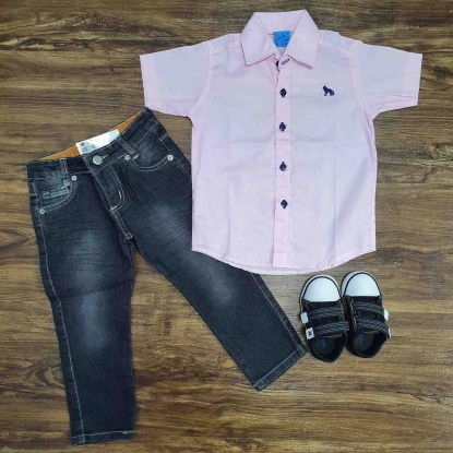 Conjunto Infantil Camisa Rosa com Calça Jeans Preta