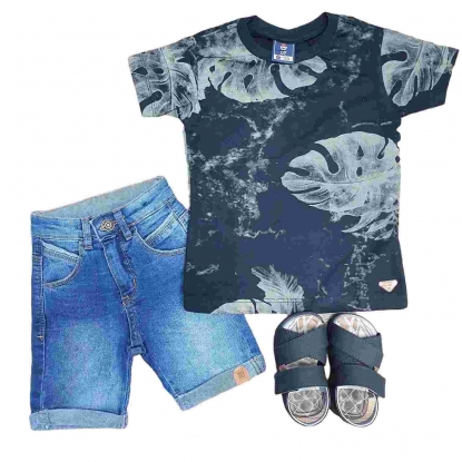 Conjunto Infantil Camiseta Folhas com Bermuda Jeans