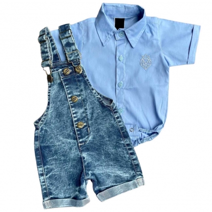 Conjunto Infantil Jardineira Jeans Curta com Body Azul