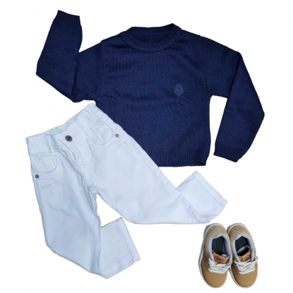 Conjunto Infantil Suéter Azul Marinho com Calça Branca