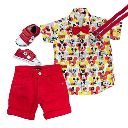 Conjunto Mickey Mouse com Suspensório e Gravata Vermelho Infantil