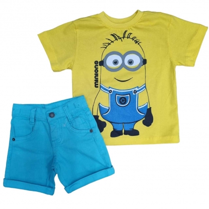 Conjuto Camiseta Minions Amarela Infantil com Bermuda Azul