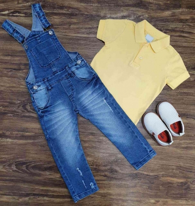 Jardineira Jeans com Camisa Polo Amarela Infantil