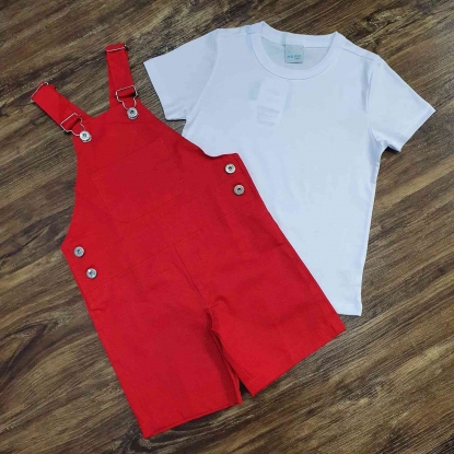 Jardineira Vermelha com Camiseta Branca Infantil