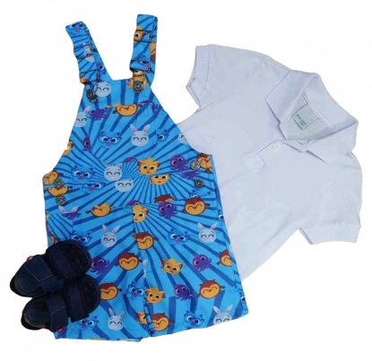 Jardineira Cute Cake Azul e Camiseta Polo Infantil