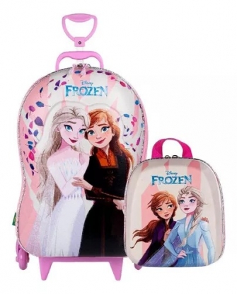 Mochila Escolar Rodinhas 3D Elsa e Anna Frozen com Lancheira Infantil