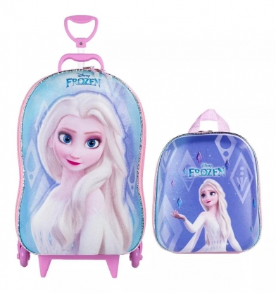 Mochila Escolar Rodinhas 3D Elsa Frozen com Lancheira Infantil