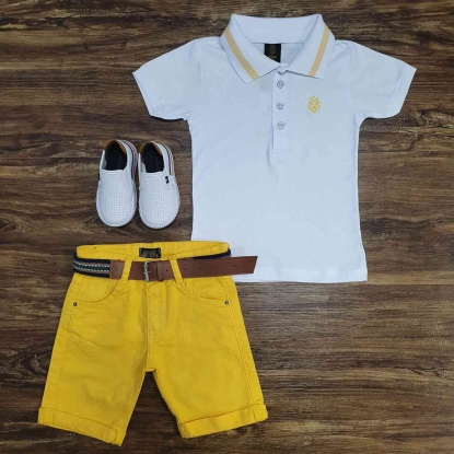 Polo Branca com Bermuda Amarela Jeans Infantil