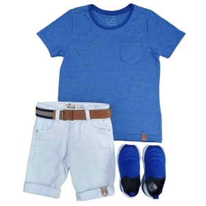Bermuda Branca com Camiseta Azul com Bolso Infantil