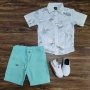 Camisa Branca Floral com Bermuda de Linho Verde Infantil