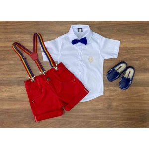 Camisa Branca Social com Bermuda Vermelha Infantil