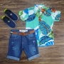 Camisa Floral Verde com Bermuda Jeans Infantil