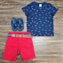 Camiseta Azul Roar Dino com Bermuda Vermelha Infantil